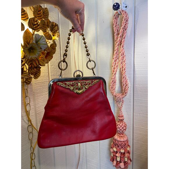 vintage 1960s red leather handbag 60s purse chain handle mod unique roger van - Picture 9 of 9